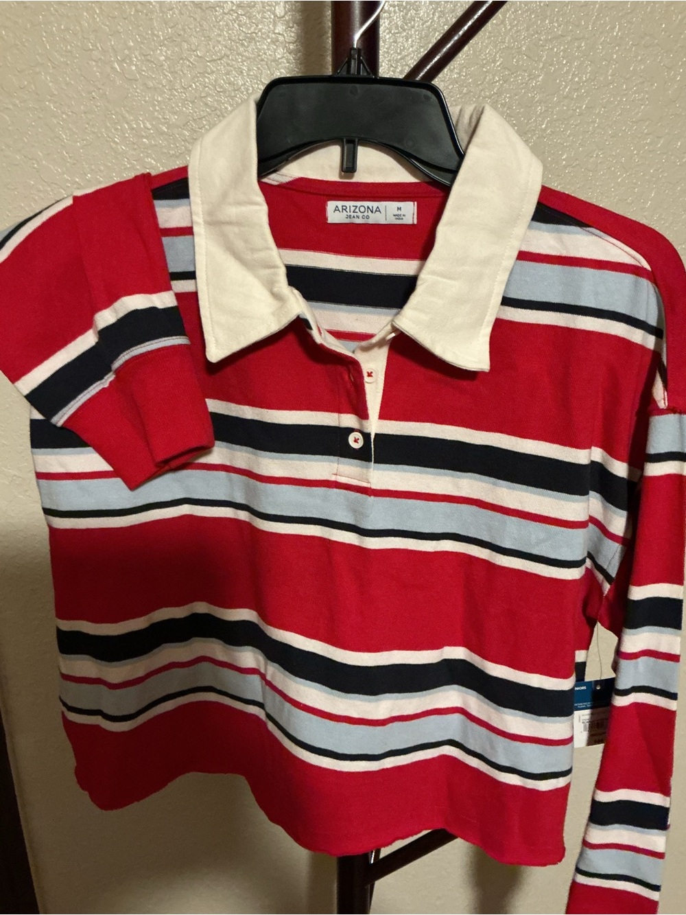 Arizona Jean Company Red, Navy & Light Blue Striped Long Sleeve Polo